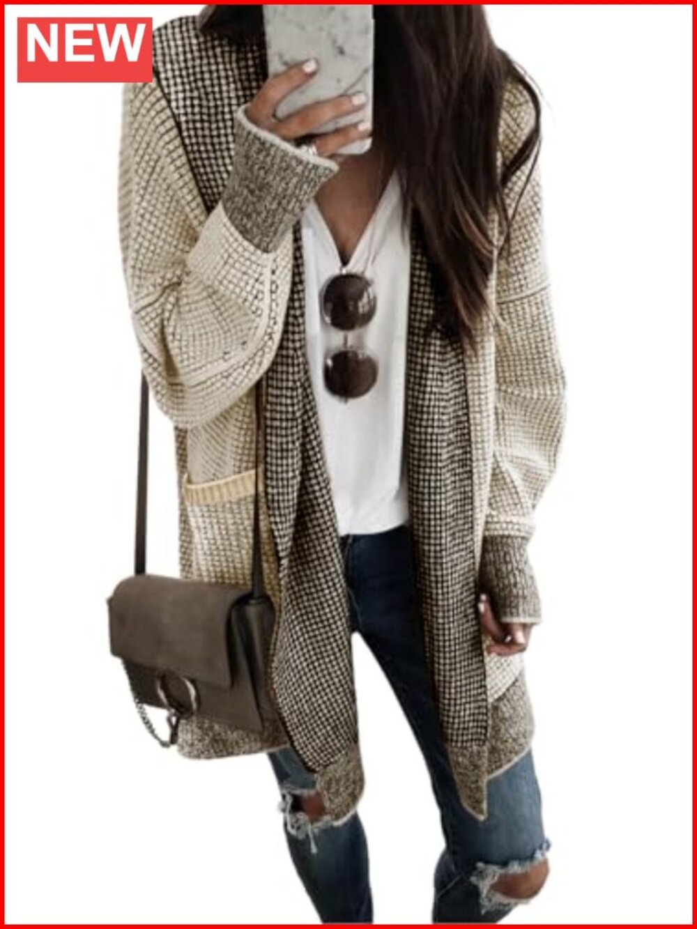 Oversized Open Front Hooded Cardigan Sweater for Women Plaid Pattern